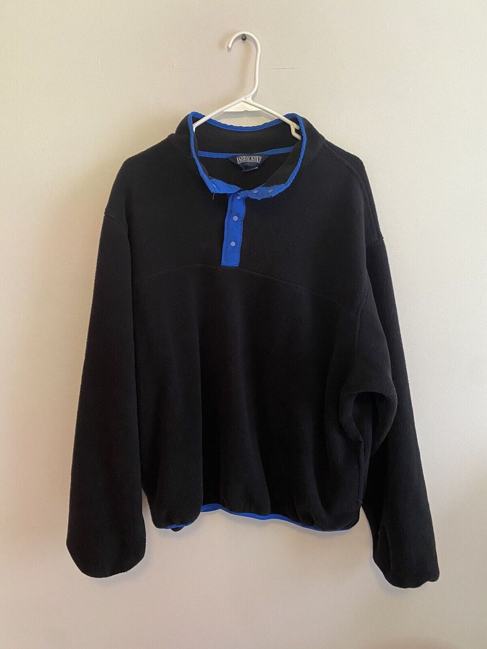 Vintage 80s Lands' End Black Fleece Pullover Snaps Blue Trim Size L USA Made